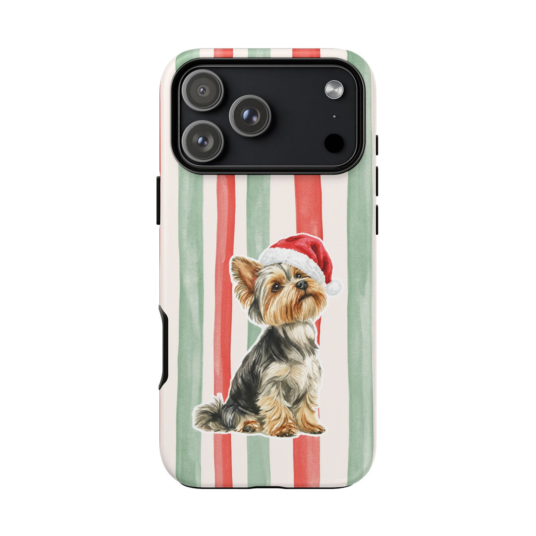 Yorkshire Terrier Christmas Tough iPhone Case, Red Sage Stripes, Santa Dog Phone Cover