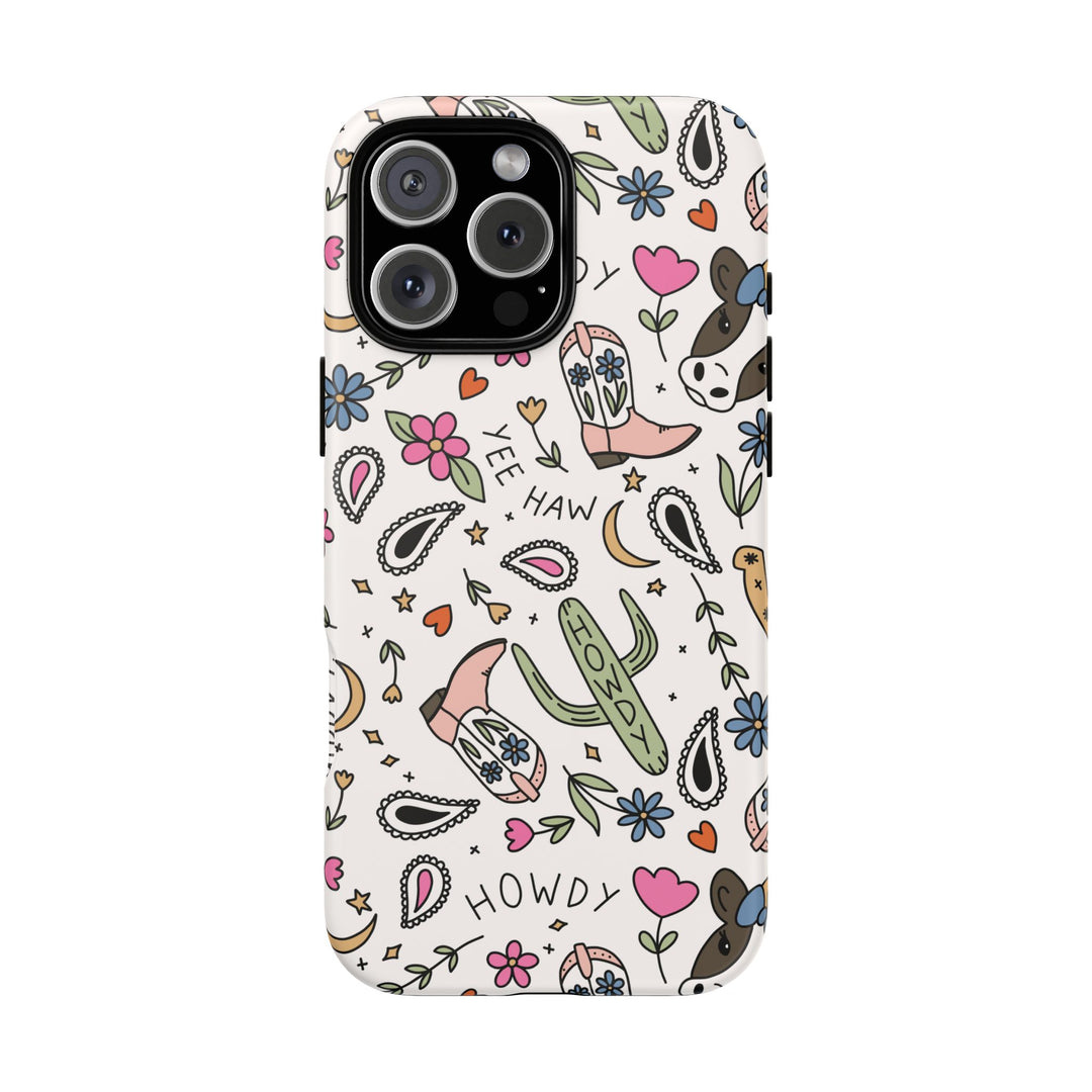 Western Cowgirl Tough iPhone Case, Pink Cowboy Boots and Howdy Phone Cover, Matte or Glossy