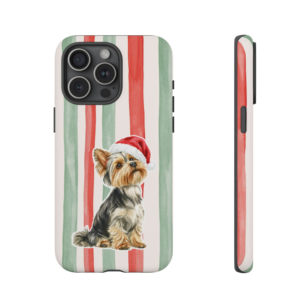 Yorkshire Terrier Christmas Tough iPhone Case, Red Sage Stripes, Santa Dog Phone Cover