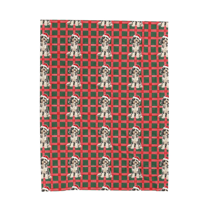 Doodle Christmas Velveteen Plush Blanket, Red Green Plaid, Santa Dog Throw