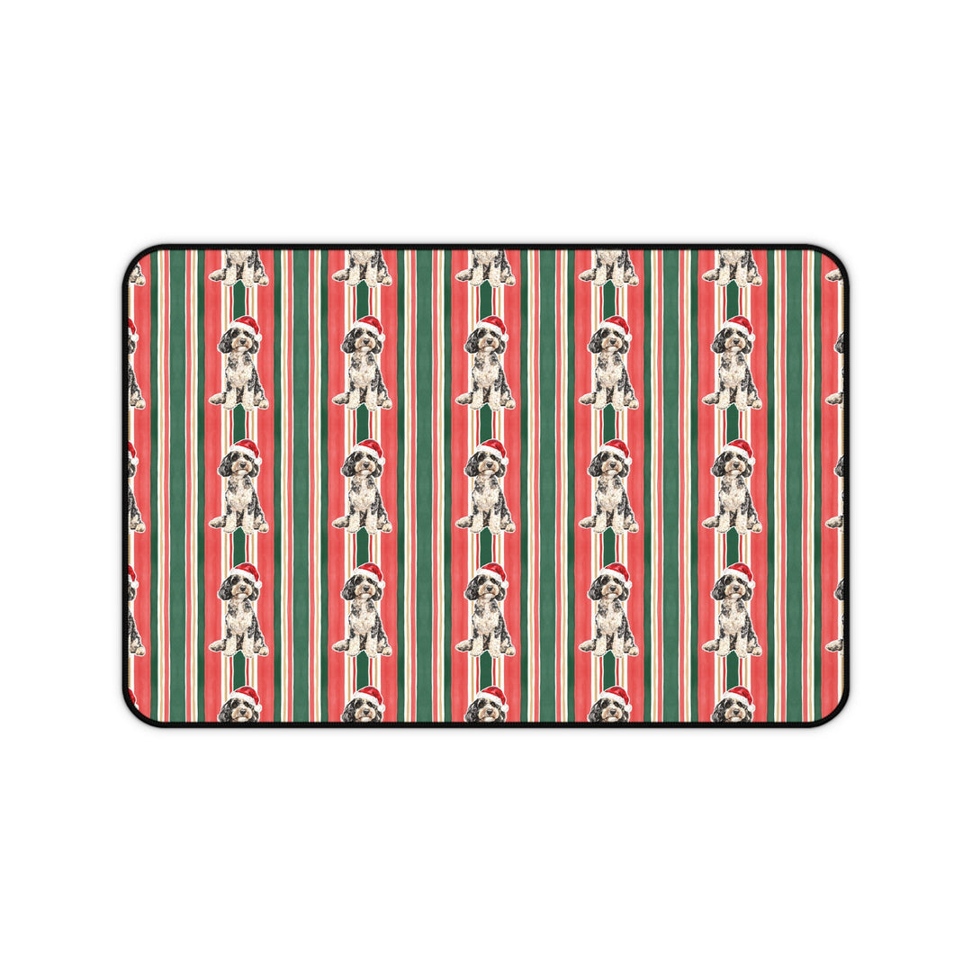 Doodle Christmas Desk Mat, Classic Red Green Stripes, Santa Dog Desk Pad