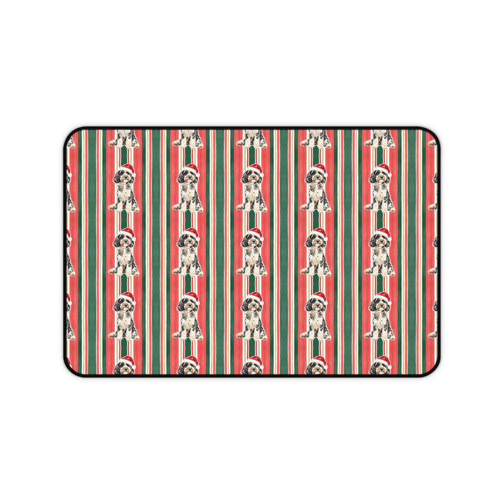 Doodle Christmas Desk Mat, Classic Red Green Stripes, Santa Dog Desk Pad