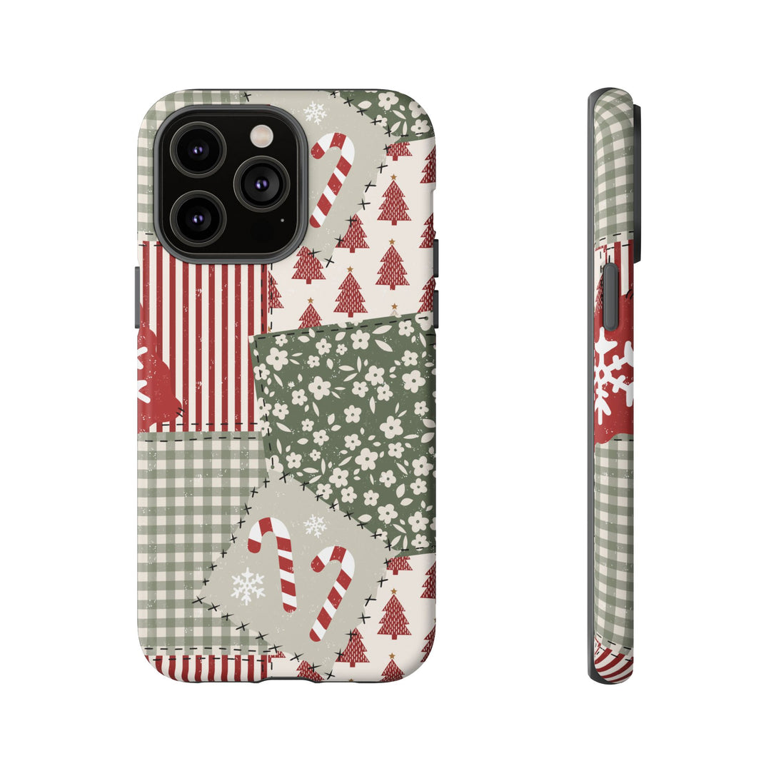 Christmas Patchwork Tough iPhone Case, Red Sage Floral Gingham Holiday Phone Cover, Matte or Glossy