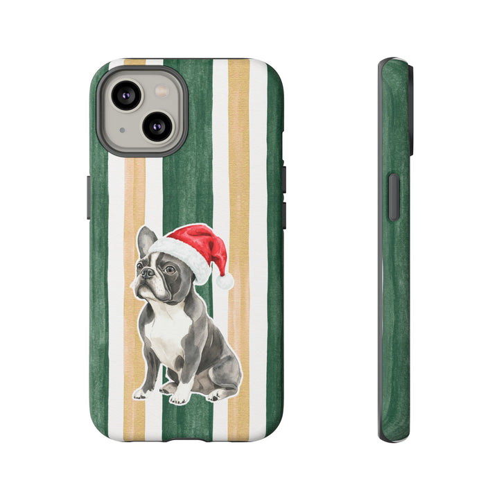 French Bulldog Christmas Tough iPhone Case, Green Gold Stripes, Santa Dog Phone Cover