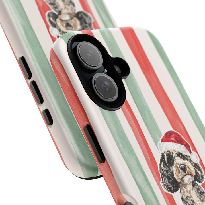Doodle Christmas Tough iPhone Case, Red Sage Stripes, Santa Dog Phone Cover