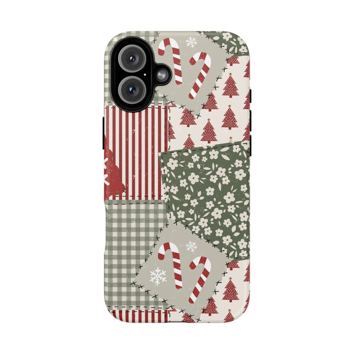 Christmas Patchwork Tough iPhone Case, Red Sage Floral Gingham Holiday Phone Cover, Matte or Glossy