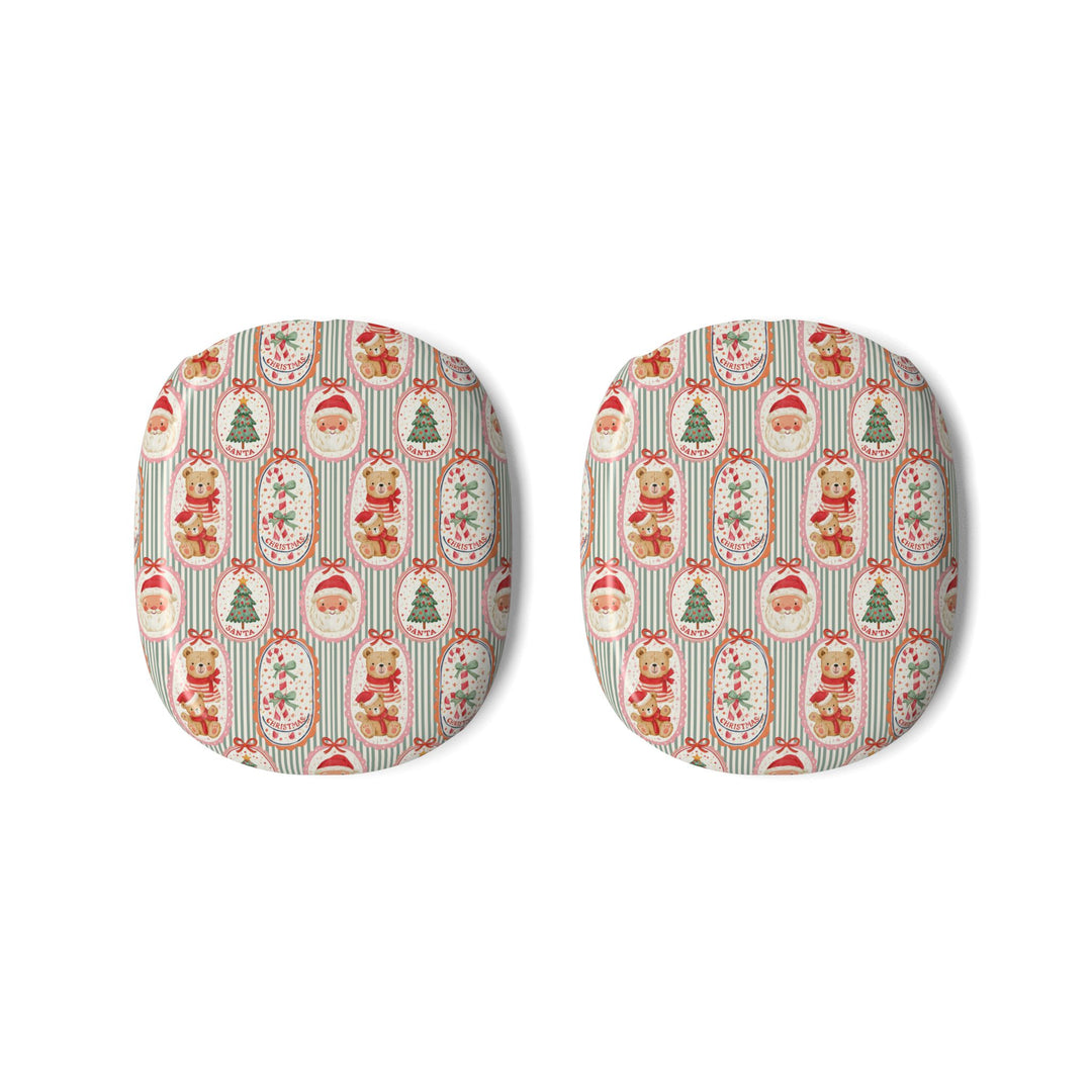 Vintage Santa Teddy Bear AirPods Max Case Covers, Christmas Ear Cup Shells, Candy Cane Holiday Pattern, Matte or Glossy