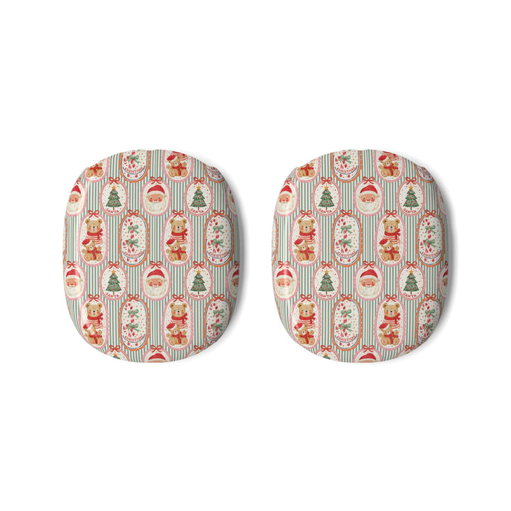 Vintage Santa Teddy Bear AirPods Max Case Covers, Christmas Ear Cup Shells, Candy Cane Holiday Pattern, Matte or Glossy