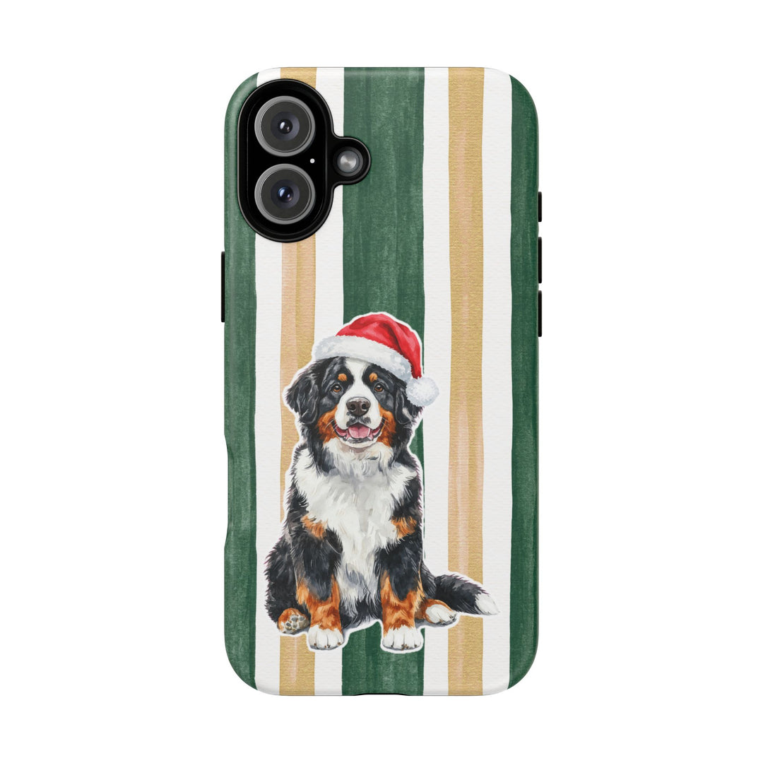 Bernese Mountain Dog Christmas Tough iPhone Case, Green Gold Stripes, Santa Dog Phone Cover
