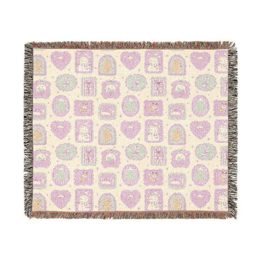 Pink Christmas Frames Woven Blanket, Pastel Snowman Reindeer Cotton Throw, Cute Holiday Sofa Decor