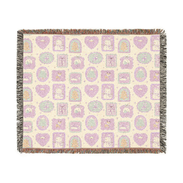 Pink Christmas Frames Woven Blanket, Pastel Snowman Reindeer Cotton Throw, Cute Holiday Sofa Decor