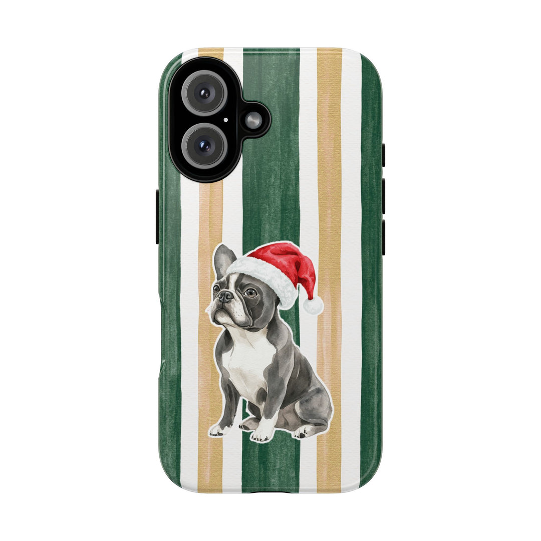 French Bulldog Christmas Tough iPhone Case, Green Gold Stripes, Santa Dog Phone Cover