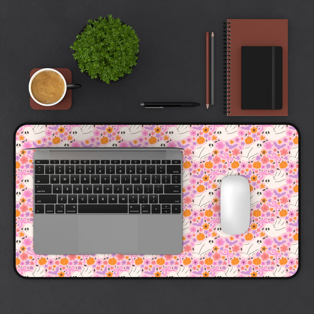 Pink Floral Ghost Desk Mat, Cute Halloween Pumpkin and Bat Desk Pad, Pastel Spooky Large Mouse Pad
