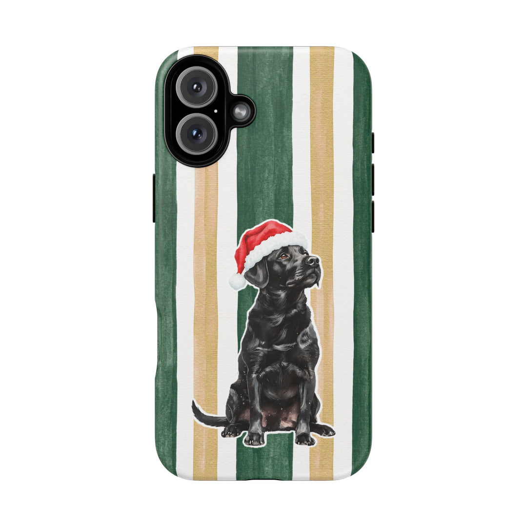 Black Labrador Christmas Tough iPhone Case, Green Gold Stripes, Santa Dog Phone Cover