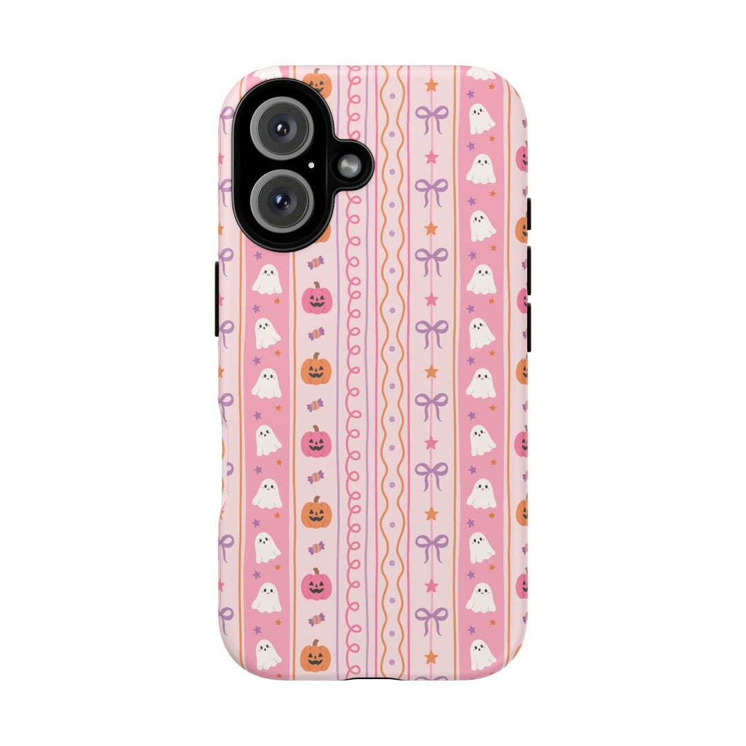 Pastel Halloween Stripe Tough iPhone Case, Pink Ghost Pumpkin Lavender Bow Phone Cover, Matte or Glossy