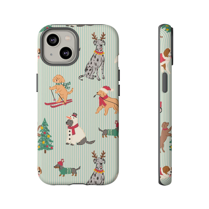 Christmas Dogs Tough iPhone Case, Green Stripe Holiday Dog Phone Cover, Matte or Glossy