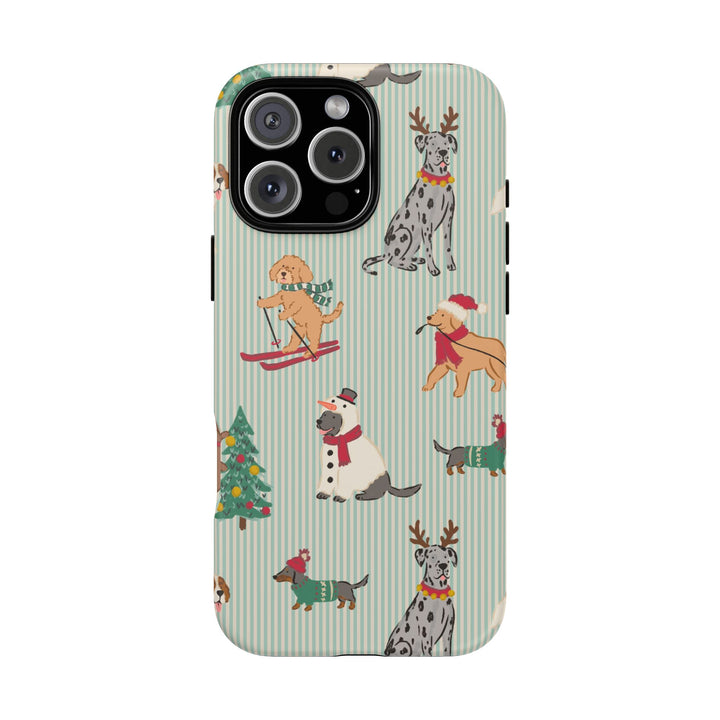 Christmas Dogs Tough iPhone Case, Green Stripe Holiday Dog Phone Cover, Matte or Glossy