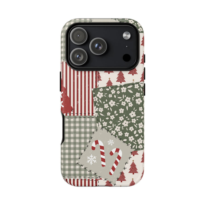 Christmas Patchwork Tough iPhone Case, Red Sage Floral Gingham Holiday Phone Cover, Matte or Glossy