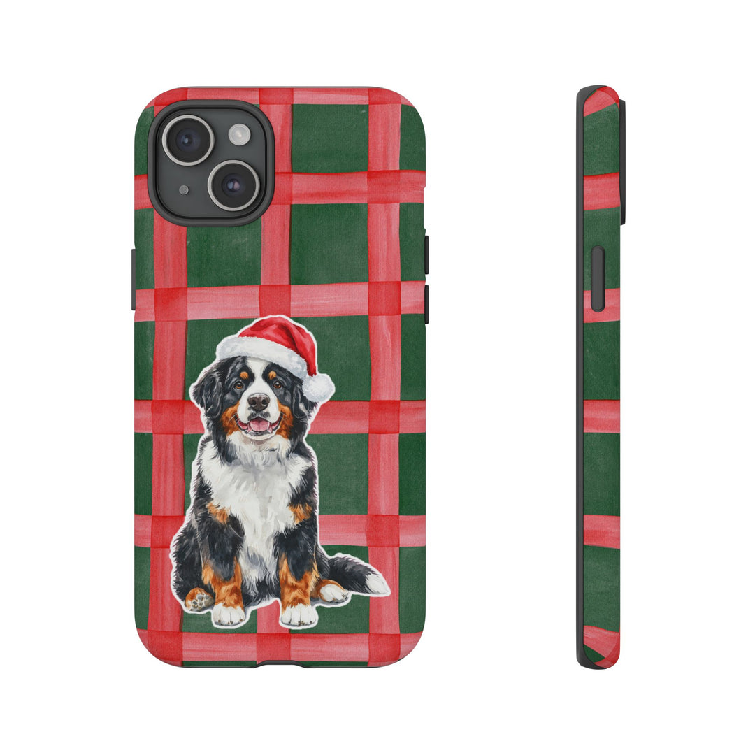Bernese Mountain Dog Christmas Tough iPhone Case, Red Green Plaid, Santa Dog Phone Cover