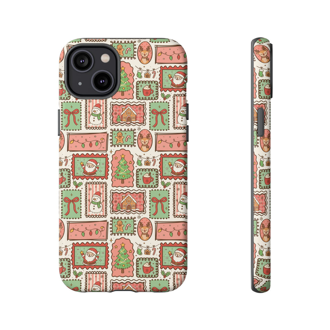 Vintage Christmas Frames Tough iPhone Case, Santa Snowman Gingerbread Holiday Phone Cover, Matte or Glossy