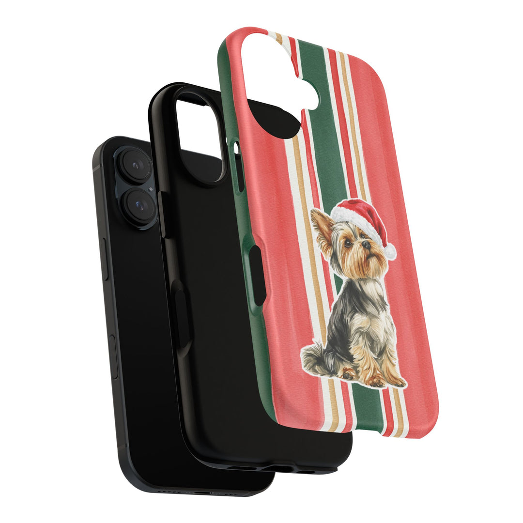Yorkshire Terrier Christmas Tough iPhone Case, Classic Red Green Stripes, Santa Dog Phone Cover