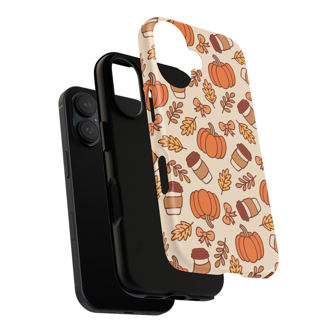 Pumpkin Coffee Tough iPhone Case, Fall Leaves and Bows Autumn Phone Cover, Matte or Glossy