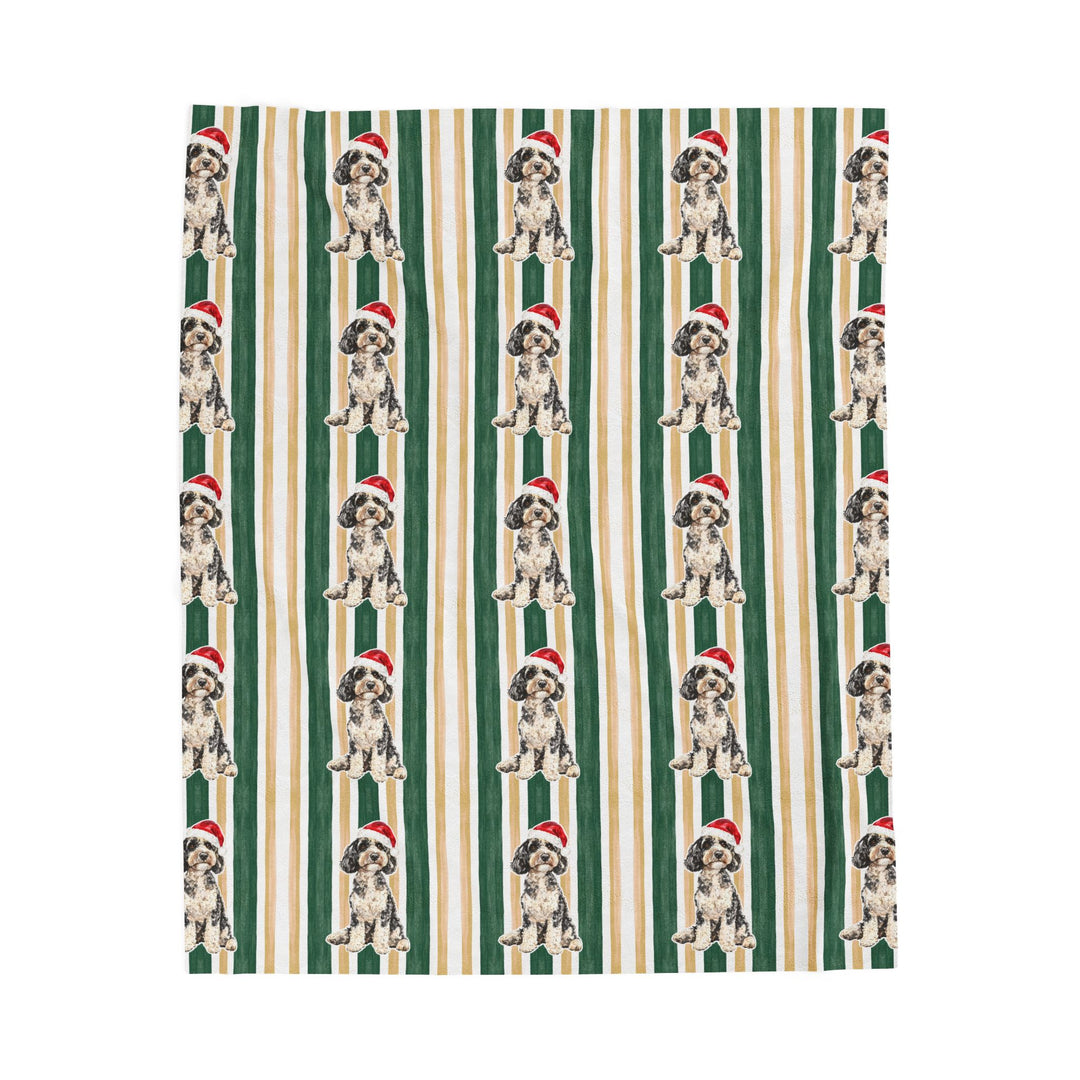 Doodle Christmas Velveteen Plush Blanket, Green Gold Stripes, Santa Dog Throw