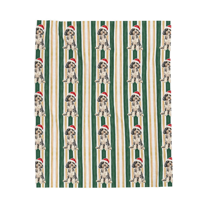 Doodle Christmas Velveteen Plush Blanket, Green Gold Stripes, Santa Dog Throw