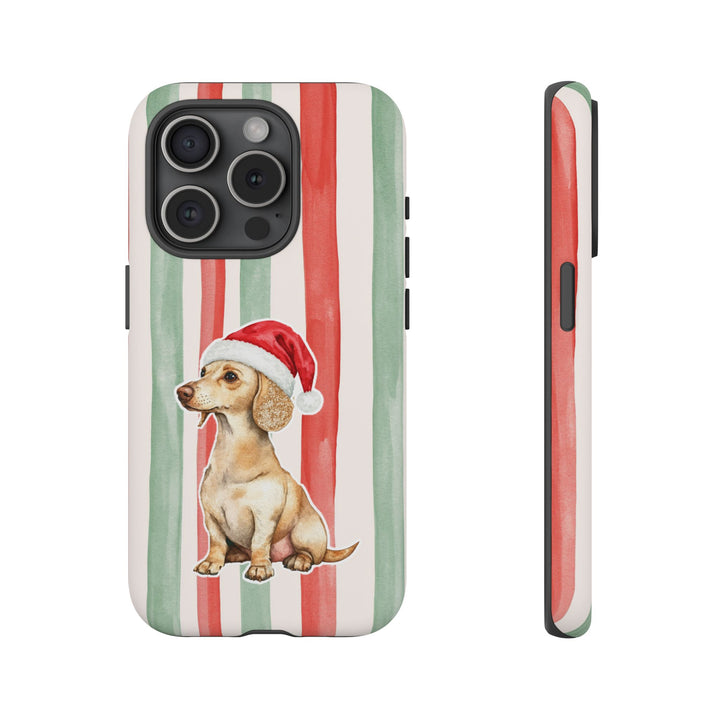 Dachshund Christmas Tough iPhone Case, Red Sage Stripes, Santa Dog Phone Cover