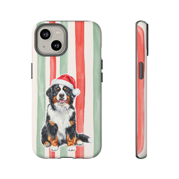 Bernese Mountain Dog Christmas Tough iPhone Case, Red Sage Stripes, Santa Dog Phone Cover