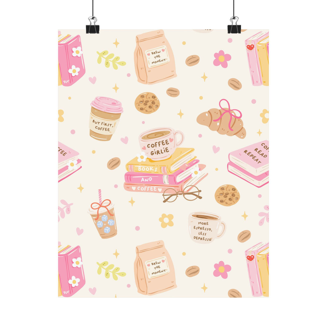 Coffee and Books Matte Vertical Poster, Pastel Pink Bookish Wall Art, Reading Nook Decor