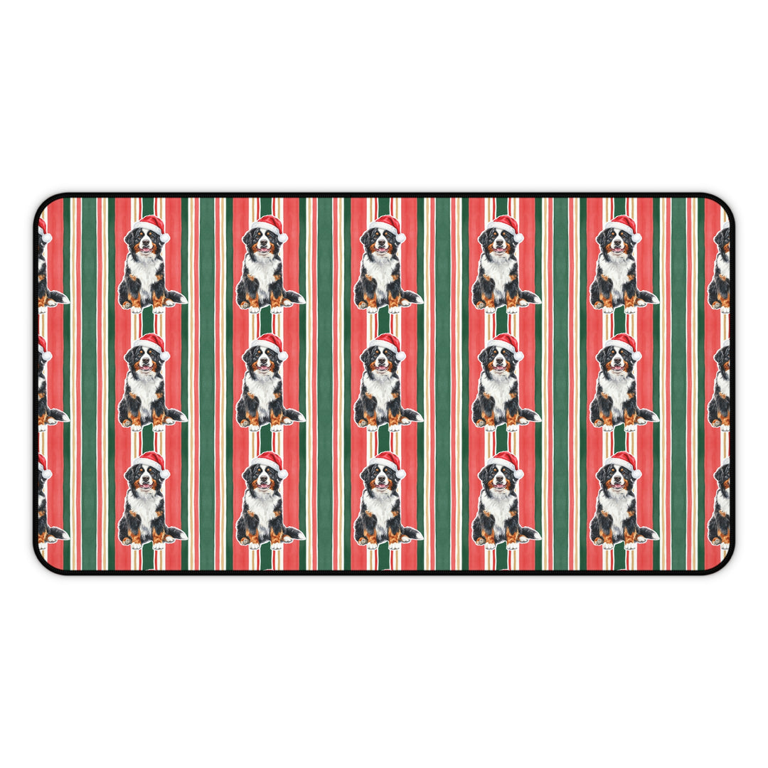 Bernese Mountain Dog Christmas Desk Mat, Classic Red Green Stripes, Santa Dog Desk Pad