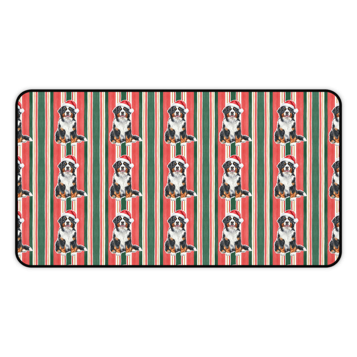 Bernese Mountain Dog Christmas Desk Mat, Classic Red Green Stripes, Santa Dog Desk Pad