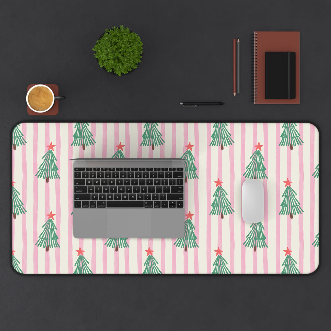 Retro Christmas Tree Desk Mat, Pink Stripe Holiday Desk Pad, Green Trees and Red Stars Office Decor