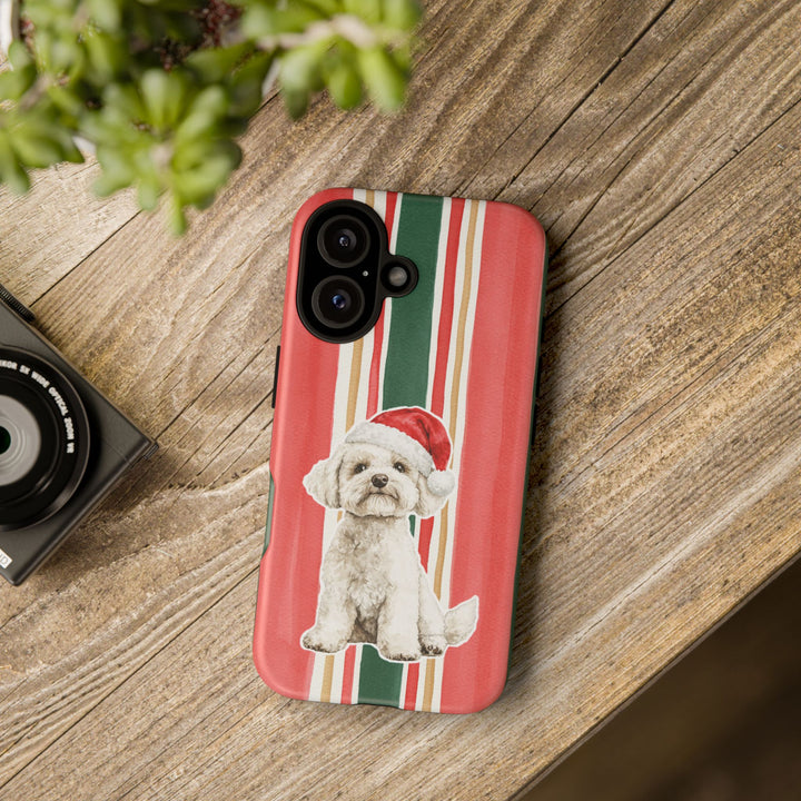 Maltese Christmas Tough iPhone Case, Classic Red Green Stripes, Santa Dog Phone Cover
