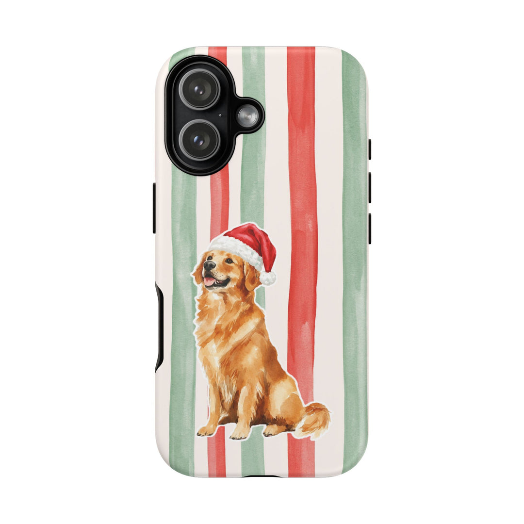 Golden Retriever Christmas Tough iPhone Case, Red Sage Stripes, Santa Dog Phone Cover