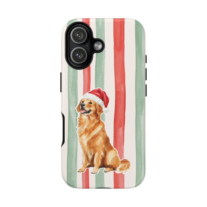 Golden Retriever Christmas Tough iPhone Case, Red Sage Stripes, Santa Dog Phone Cover