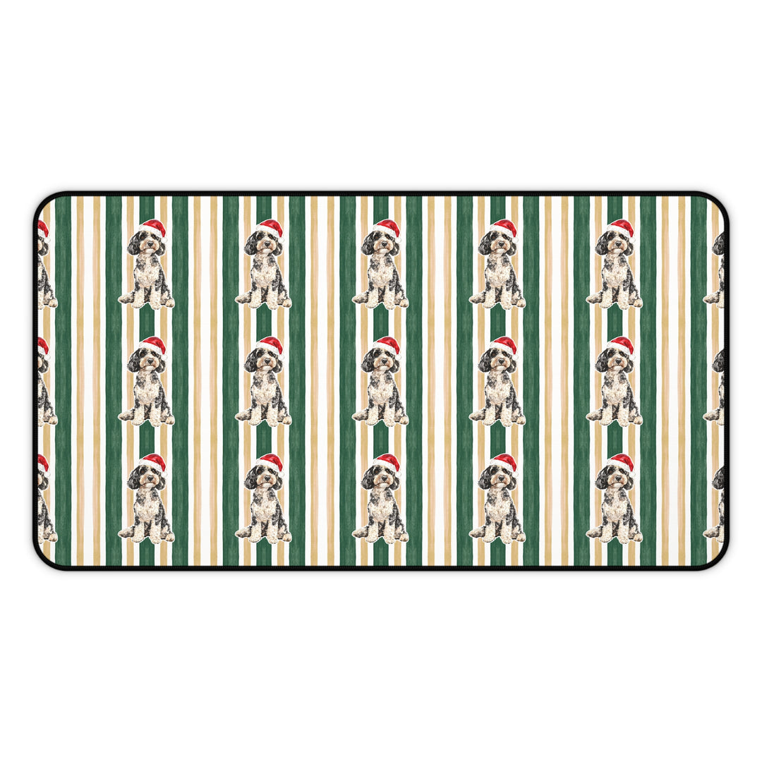 Doodle Christmas Desk Mat, Green Gold Stripes, Santa Dog Desk Pad