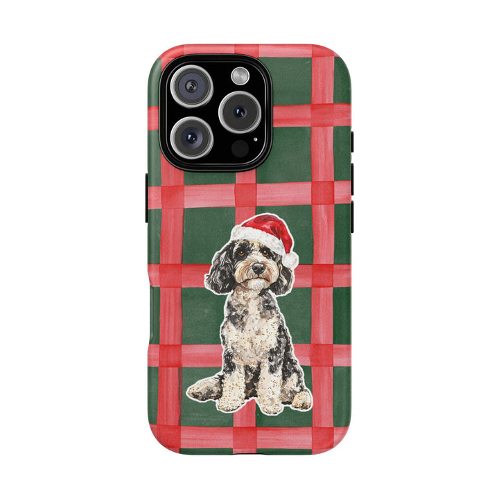 Doodle Christmas Tough iPhone Case, Red Green Plaid, Santa Dog Phone Cover