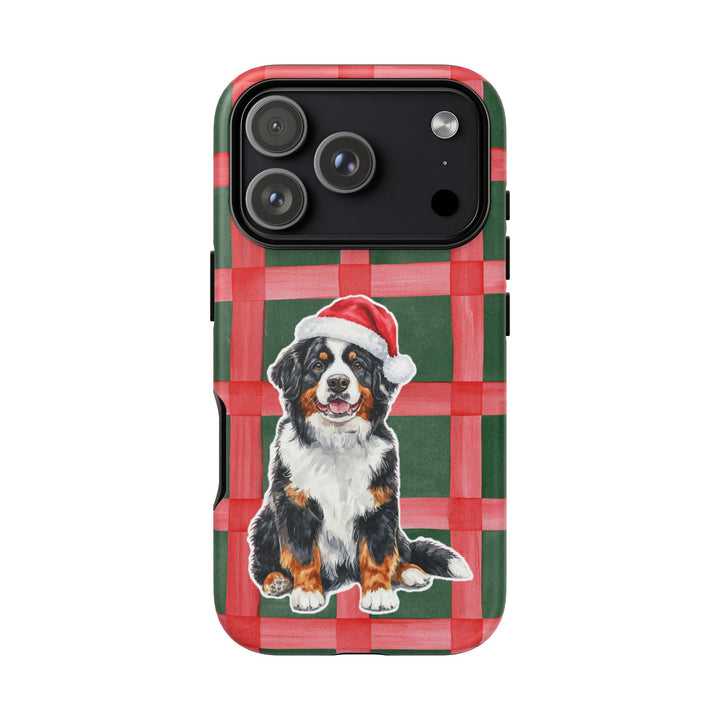 Bernese Mountain Dog Christmas Tough iPhone Case, Red Green Plaid, Santa Dog Phone Cover