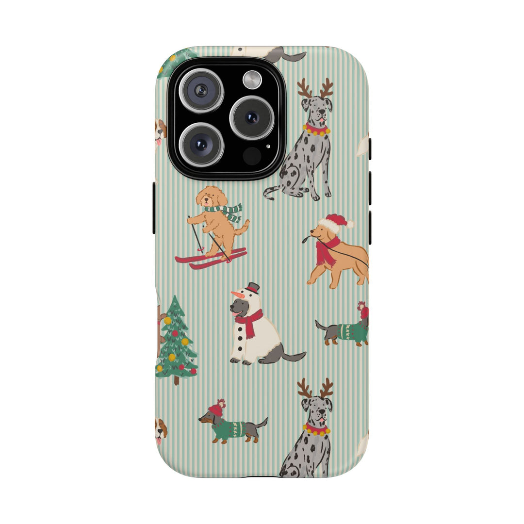 Christmas Dogs Tough iPhone Case, Green Stripe Holiday Dog Phone Cover, Matte or Glossy