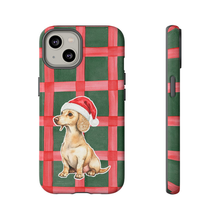 Dachshund Christmas Tough iPhone Case, Red Green Plaid, Santa Dog Phone Cover