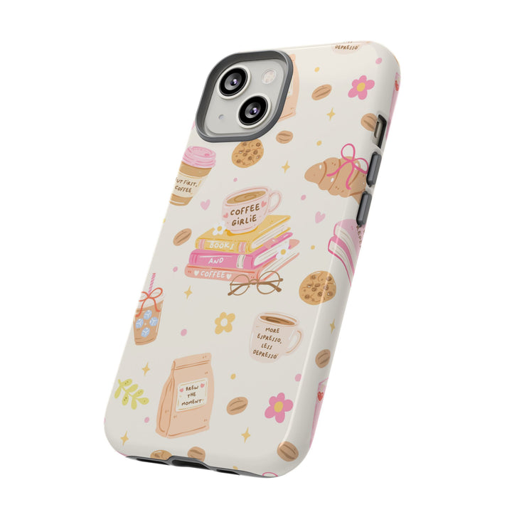Coffee and Books Tough iPhone Case, Pastel Pink Bookish Phone Cover, Matte or Glossy