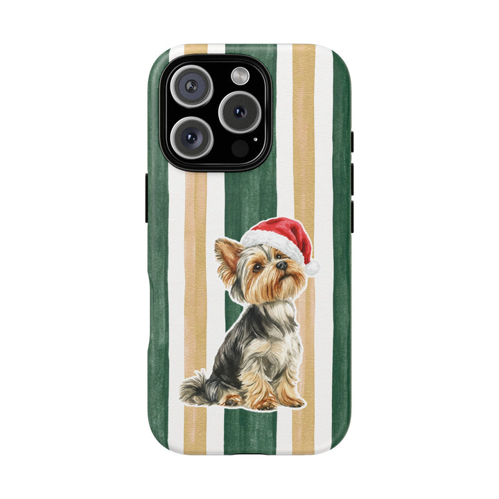 Yorkshire Terrier Christmas Tough iPhone Case, Green Gold Stripes, Santa Dog Phone Cover