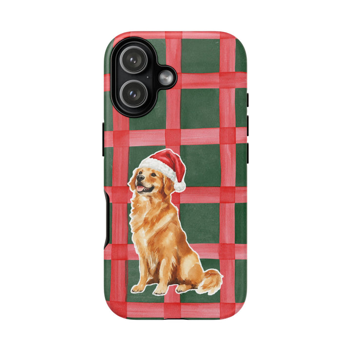 Golden Retriever Christmas Tough iPhone Case, Red Green Plaid, Santa Dog Phone Cover