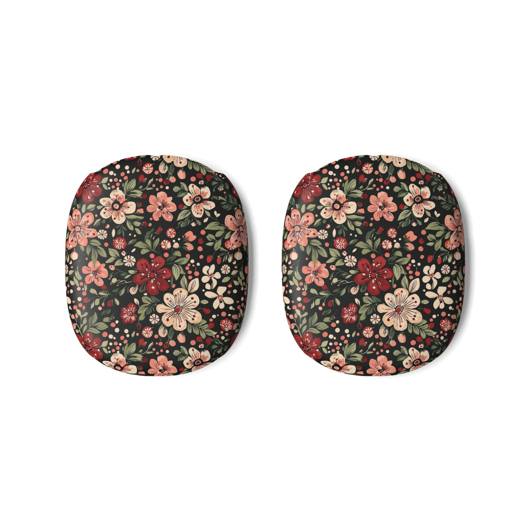 Retro Christmas Floral AirPods Max Case Covers, Dark Botanical Ear Cup Shells, Pink Red Flowers, Matte or Glossy
