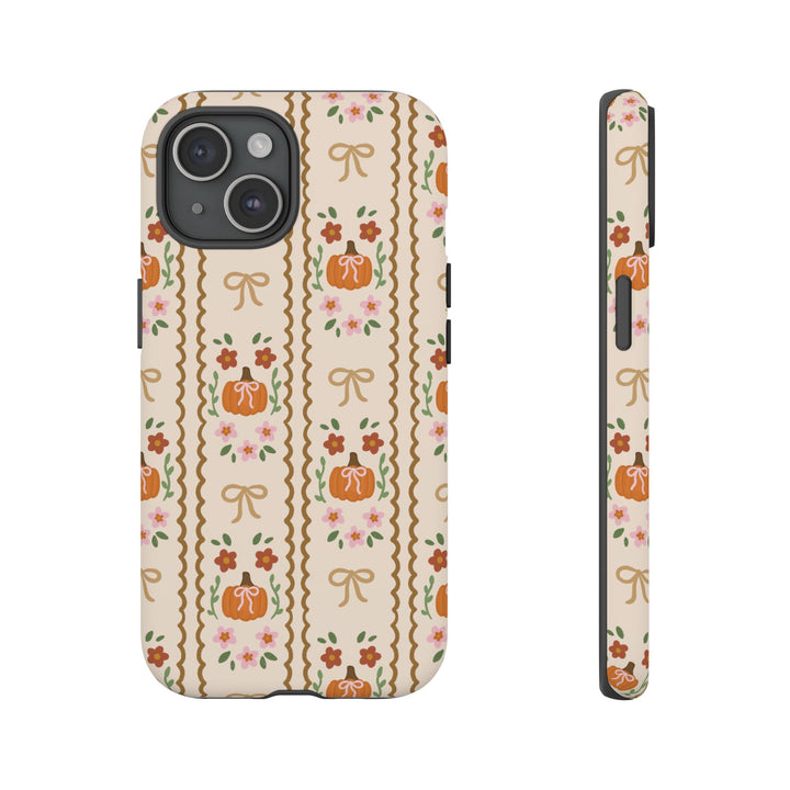 Girly Fall Pumpkin Bow Tough iPhone Case, Scalloped Floral Autumn Phone Cover, Matte or Glossy