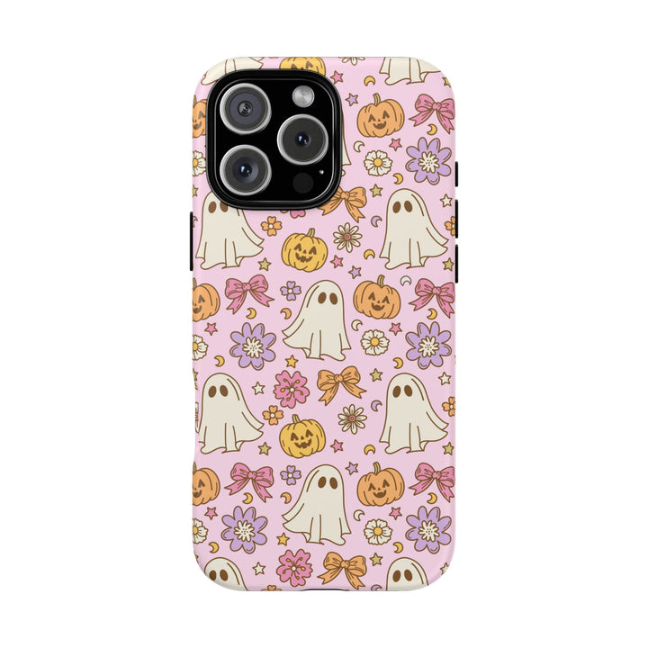 Vintage Ghost Floral Tough iPhone Case, Pink Halloween Pumpkin Bow Phone Cover, Matte or Glossy