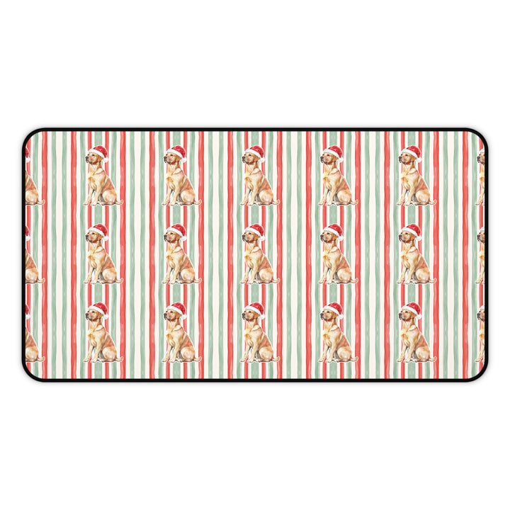 Yellow Labrador Christmas Desk Mat, Red Sage Stripes, Santa Dog Desk Pad