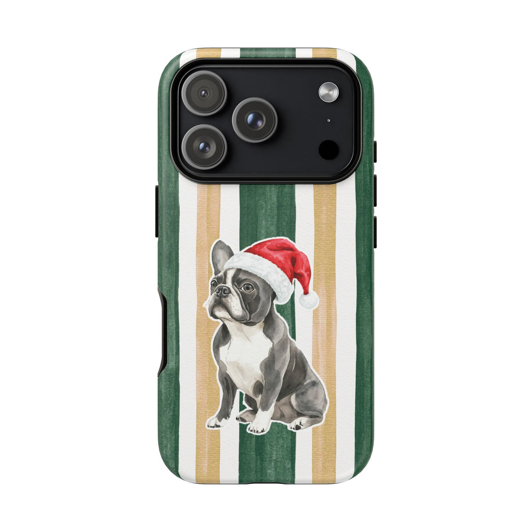 French Bulldog Christmas Tough iPhone Case, Green Gold Stripes, Santa Dog Phone Cover